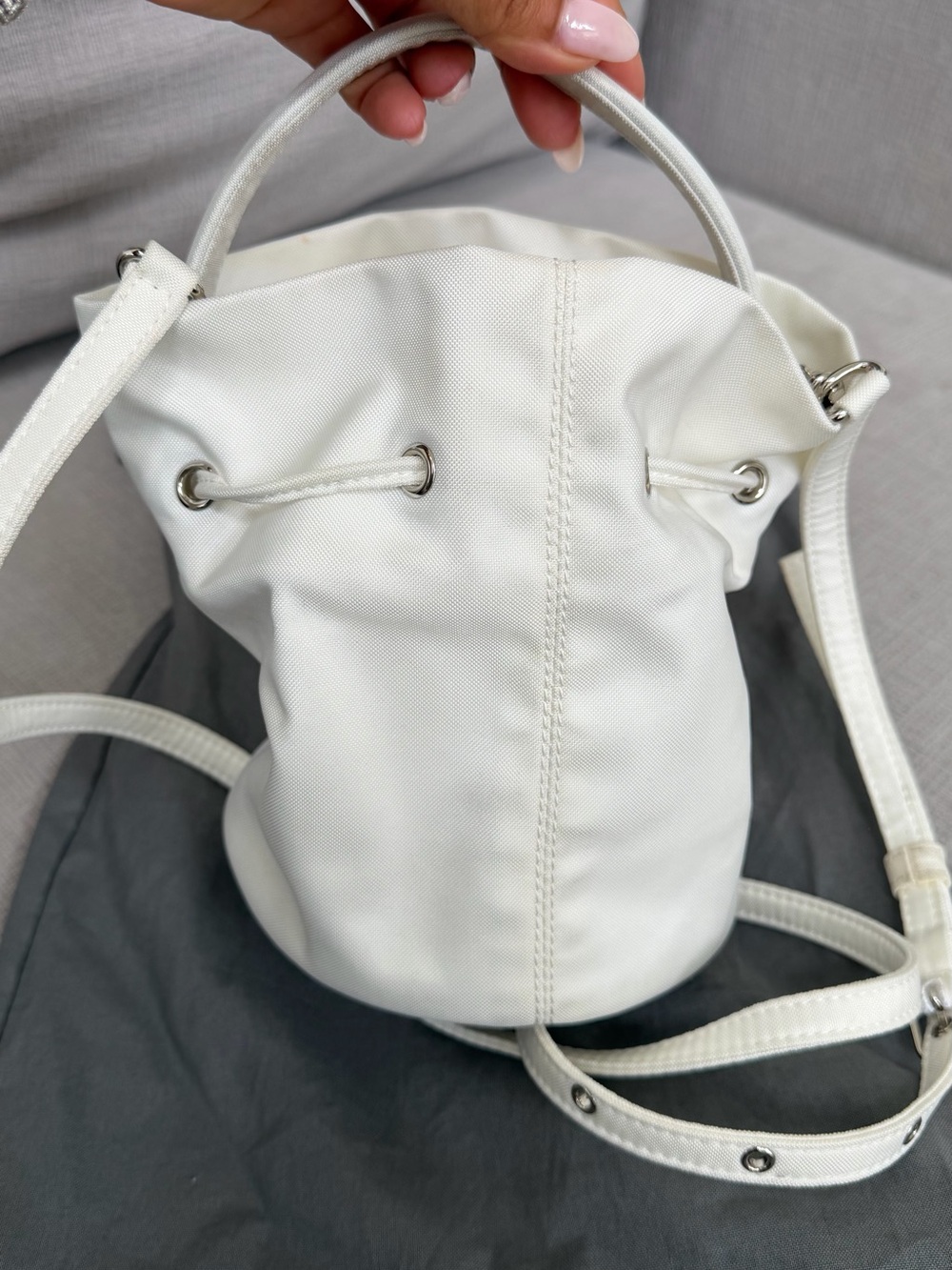 Balenciaga White Canvas Drawstring Bucket Bag with Black Logo - Picture 6 of 9